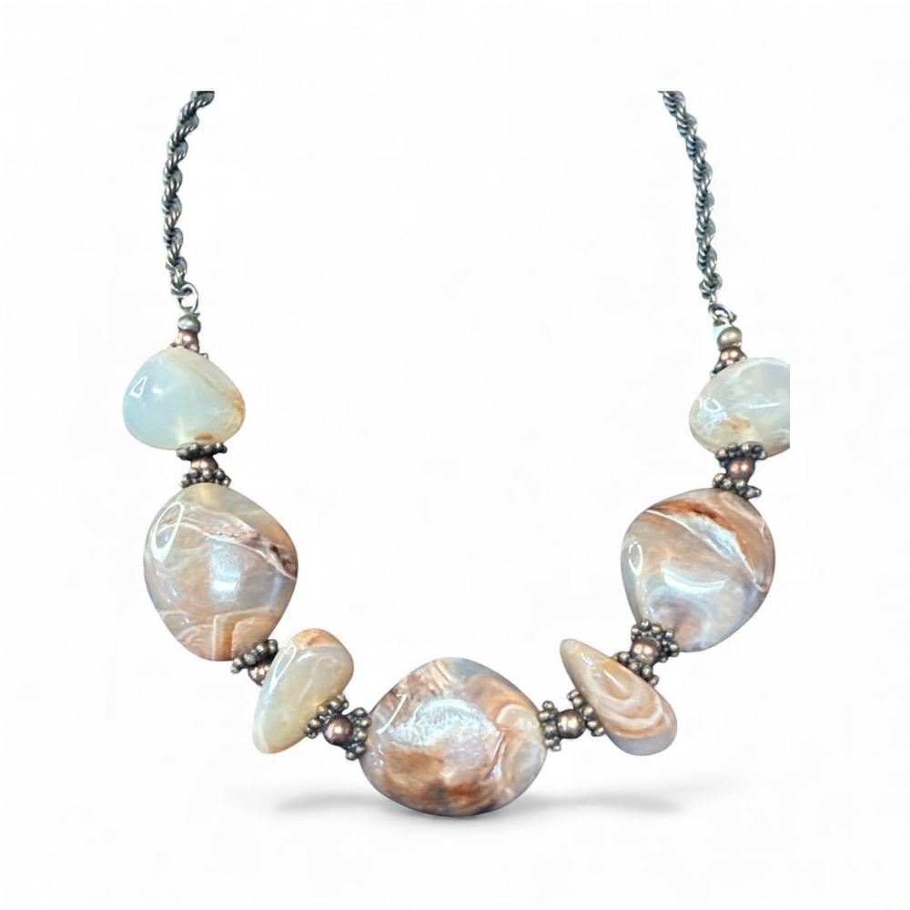 Handmade Real Stone Agate Statement Necklace 19” Gold Tone Chain